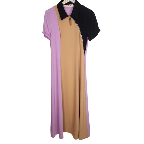 MARNI Dress Womens 42 US 6 Pink Tan Black Colorblock Short Sleeve Collared Zip - Picture 1 of 9
